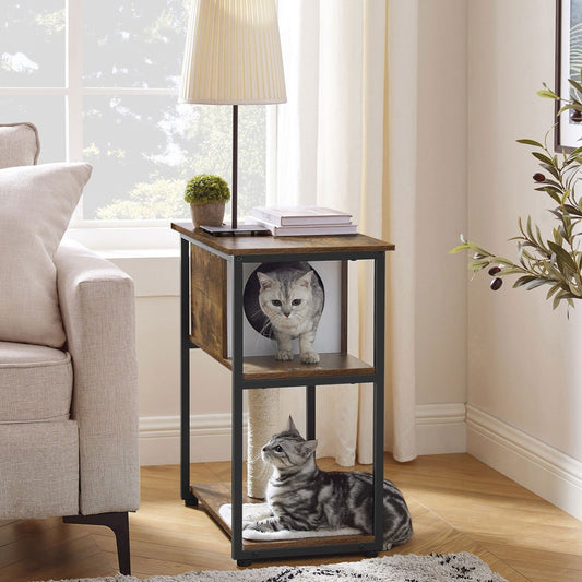 Cat Tree End Table – Scratching Post and Mat in Rustic Brown